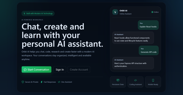 Orbit AI dark landing page showing an AI assistant chat that explains React hooks next to its feature list