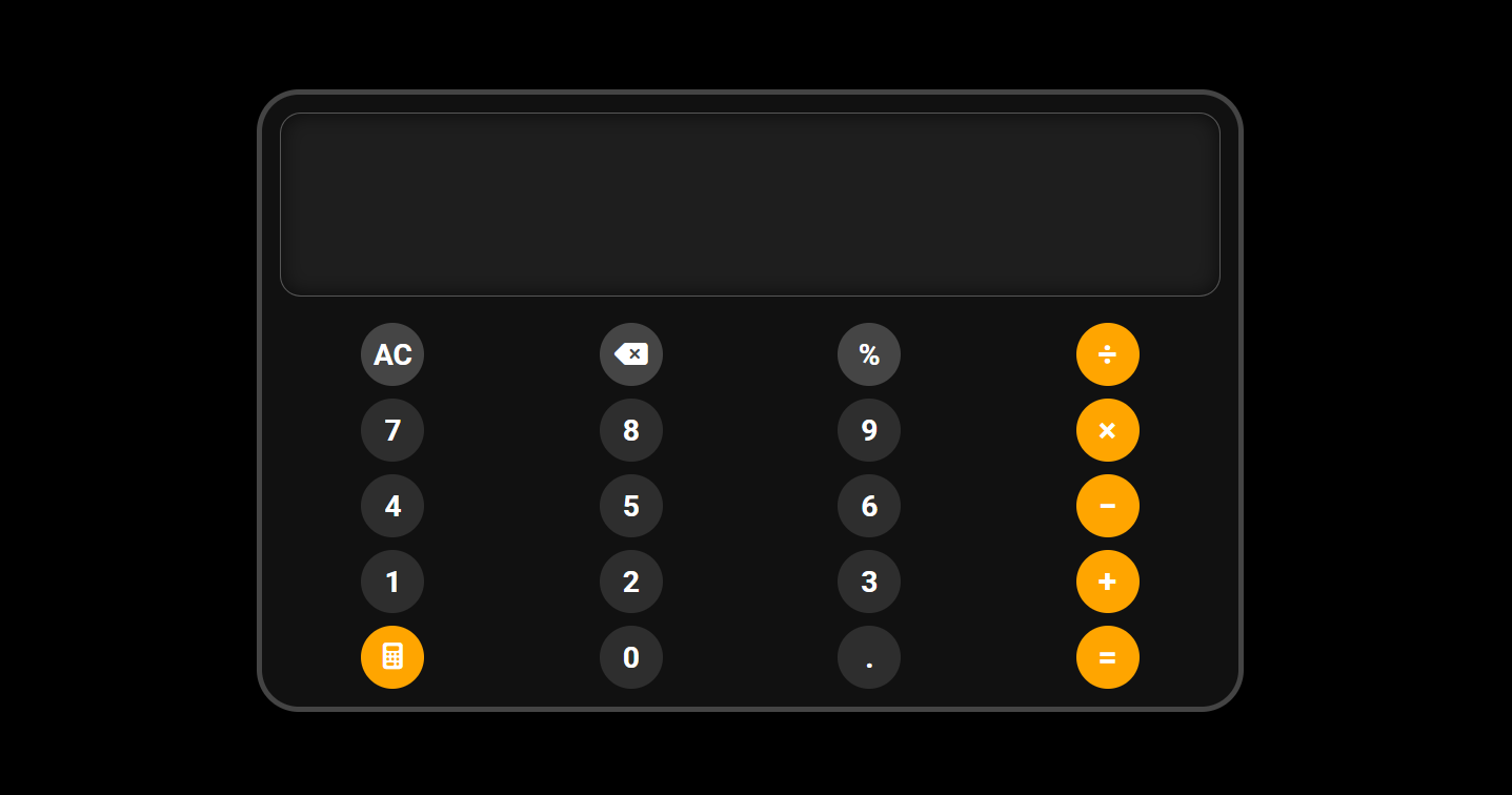 Dark scientific calculator interface with a blank display above a numeric keypad and a column of amber operator keys