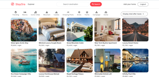 StayOra rental search page with trending destination categories and property listing cards showing nightly prices