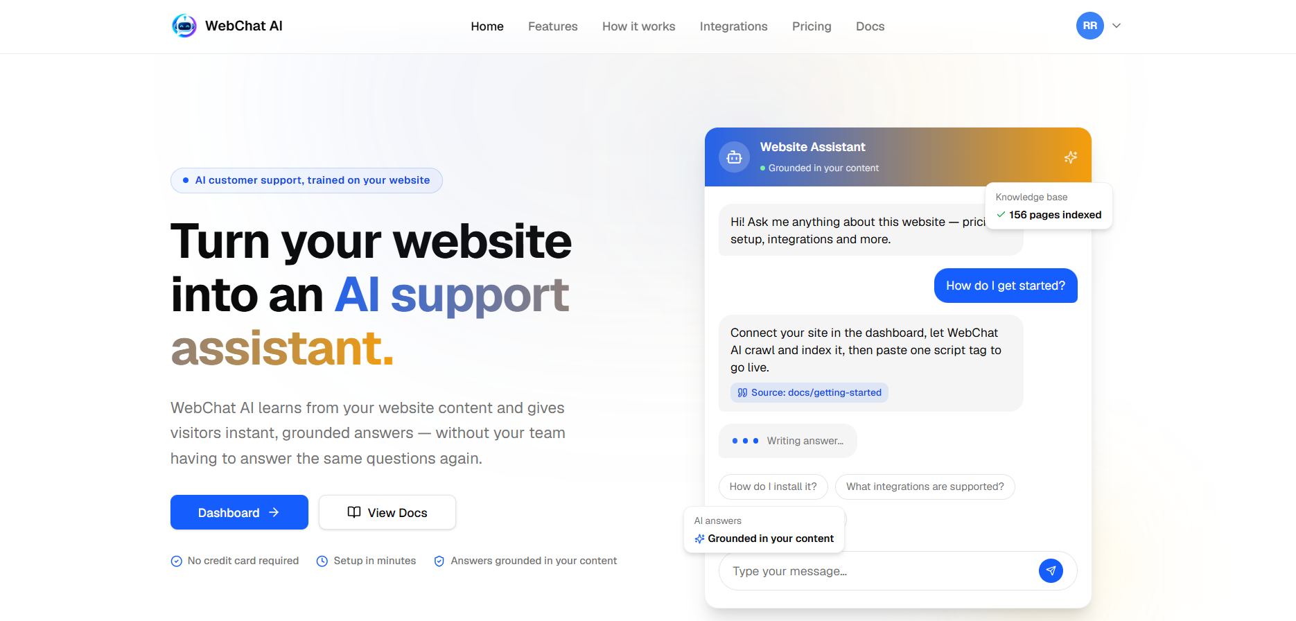 WebChat AI landing page with the embedded chat widget answering a visitor question from a 156-page indexed knowledge base