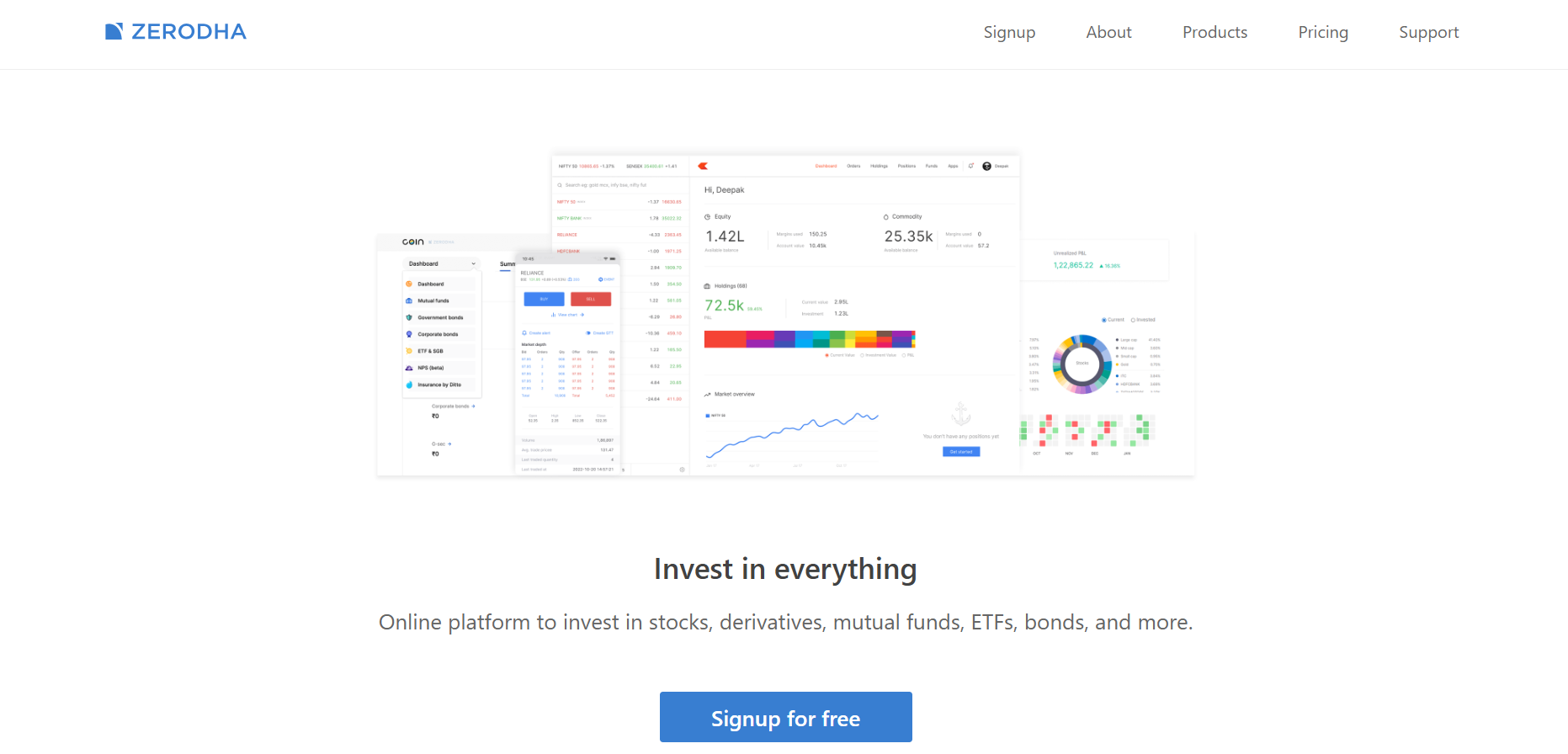 Zerodha-style dashboard landing page showing login prompts, product navigation, and a responsive trading platform hero section